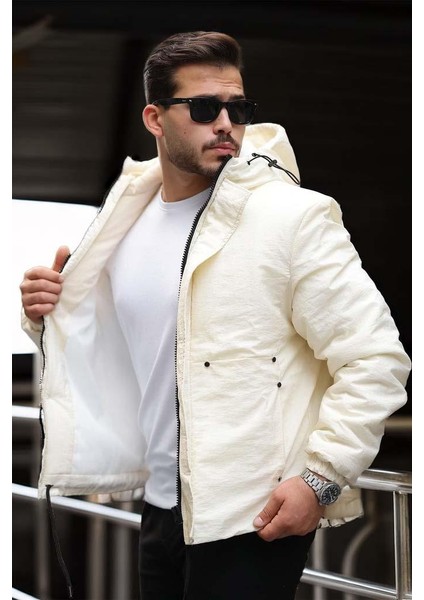 Oversize Cep Detaylı Kapüşonlu Hafif Şişme Mont - Ekru fiyatları