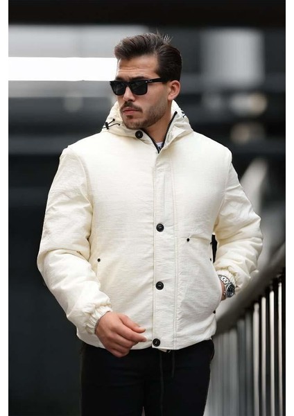 Oversize Cep Detaylı Kapüşonlu Hafif Şişme Mont - Ekru fırsatları