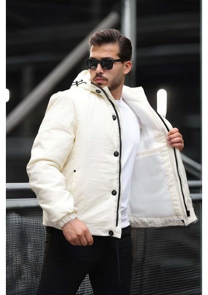 Oversize Cep Detaylı Kapüşonlu Hafif Şişme Mont - Ekru