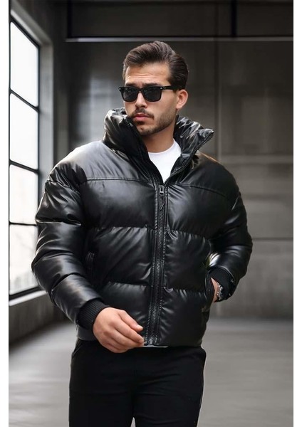 Oversize Kapüşonu Çıkarılabilir Şişme Deri Mont - Siyah modelleri