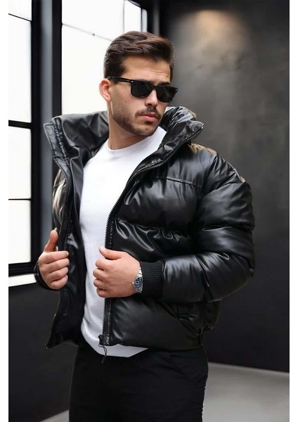 Oversize Kapüşonu Çıkarılabilir Şişme Deri Mont - Siyah fırsatları