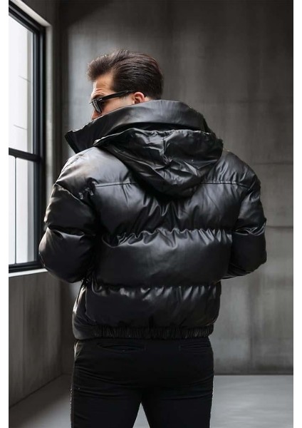 Oversize Kapüşonu Çıkarılabilir Şişme Deri Mont - Siyah indirimleri