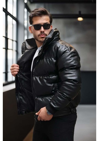 Oversize Kapüşonu Çıkarılabilir Şişme Deri Mont - Siyah