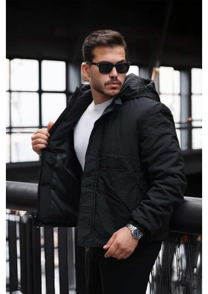 Oversize Cep Detaylı Kapüşonlu Hafif Şişme Mont - Siyah modelleri