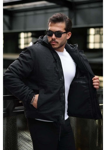 Oversize Cep Detaylı Kapüşonlu Hafif Şişme Mont - Siyah fırsatları