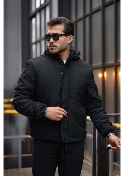 Oversize Cep Detaylı Kapüşonlu Hafif Şişme Mont - Siyah indirimleri