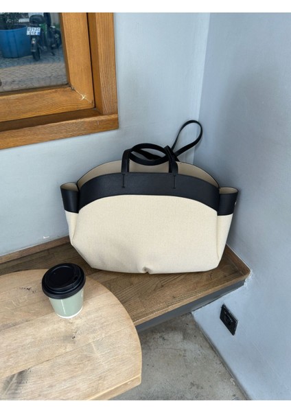 Yavrulu Katlanabilir Büyük Boy Shopper Çanta, Süet ve Keten Görünümlü Siyah fiyatları