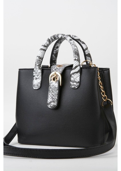 Şık Siyah Suni Deri Yılan Desenli El ve Omuz Çantası