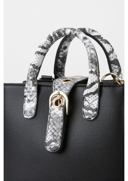 Şık Siyah Suni Deri Yılan Desenli El ve Omuz Çantası indirimleri