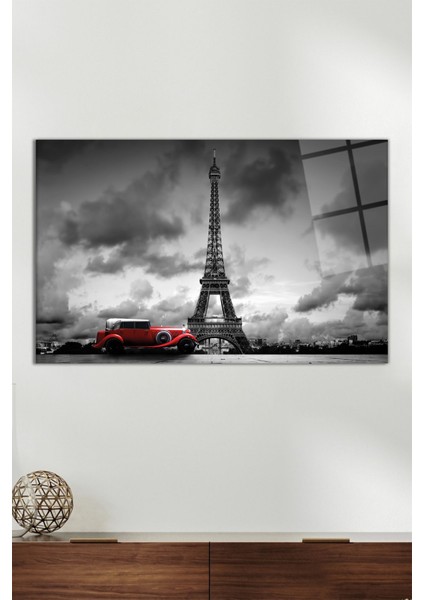 Eiffel Kulesi Kırmızı Araba Yatay Cam Tablo, Modern Ev Dekoru, Hediyelik Duvar Dekorasyonu, Kırılmaz