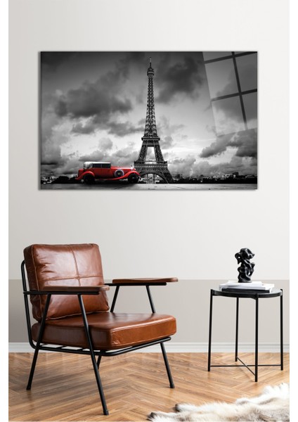 Eiffel Kulesi Kırmızı Araba Yatay Cam Tablo, Modern Ev Dekoru, Hediyelik Duvar Dekorasyonu, Kırılmaz fiyatları