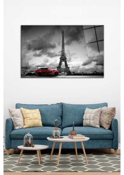 Eiffel Kulesi Kırmızı Araba Yatay Cam Tablo, Modern Ev Dekoru, Hediyelik Duvar Dekorasyonu, Kırılmaz modelleri