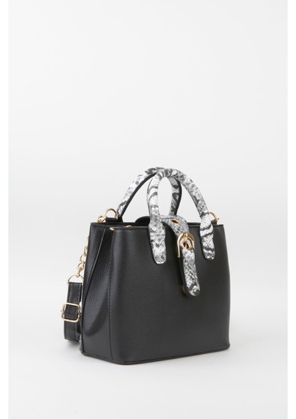 Şık Siyah Suni Deri Yılan Desenli El ve Omuz Çantası