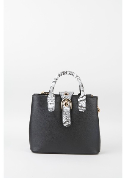 Şık Siyah Suni Deri Yılan Desenli El ve Omuz Çantası