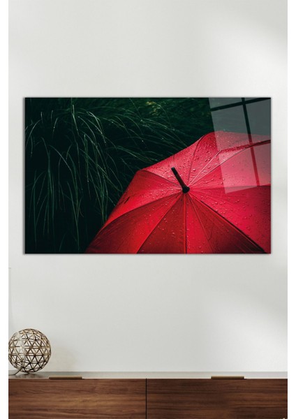 Yağmurda Kırmızı Şemsiye Yatay Cam Tablo, Modern Ev Ofis Dekoru Hediyelik Duvar Dekorasyonu Kırılmaz