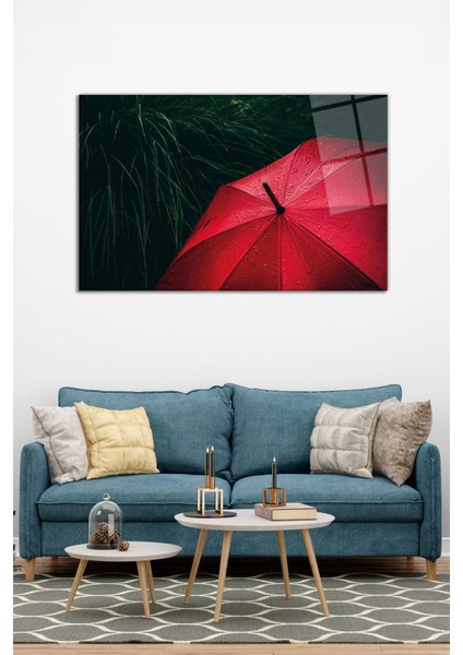 Yağmurda Kırmızı Şemsiye Yatay Cam Tablo, Modern Ev Ofis Dekoru Hediyelik Duvar Dekorasyonu Kırılmaz modelleri