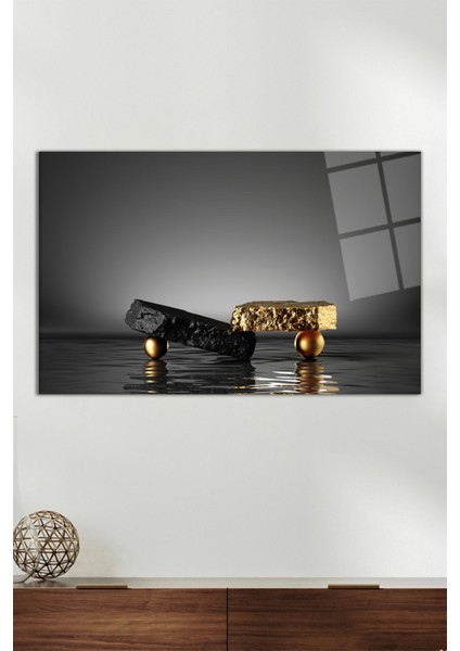 Soyut Altın Siyah Taş Yatay Cam Tablo, Modern Ev Ofis Dekoru, Hediyelik Duvar Dekorasyonu, Kırılmaz