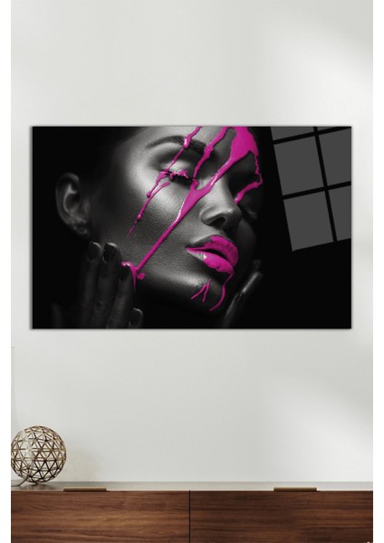 Pembe Boyalı Kadın Yatay Cam Tablo, Modern Ev Ofis Dekoru, Hediyelik Duvar Dekorasyonu, Kırılmaz Cam