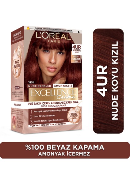L’Oréal Paris Excellence Creme Nude Renkler Saç Boyası – 4UR Nude Koyu Kızıl