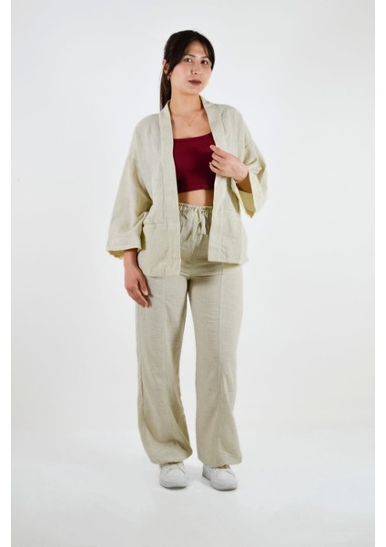 Önü Açık Keten Görünümlü Çift Cepli Kimono - Bej fiyatları