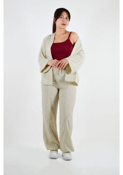 Önü Açık Keten Görünümlü Çift Cepli Kimono - Bej modelleri