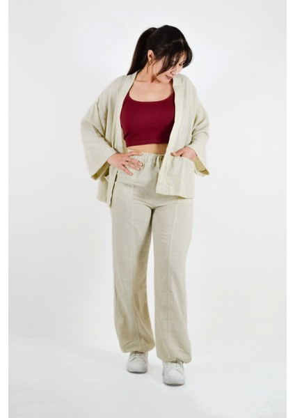 Önü Açık Keten Görünümlü Çift Cepli Kimono - Bej fırsatları