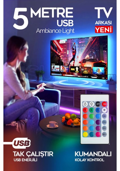5 Metre USB Tv Arkası & Dekoratif Ortam Ambiyans Aydınlatması Kumanda Kontrollü Tak Çalıştır