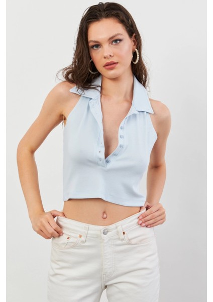 Kadın Bebe Mavi Sırtı Açık Düğmeli Bluz LPP1246-90