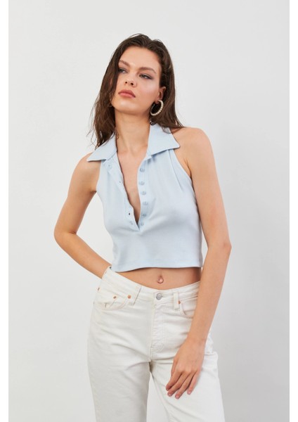 Kadın Bebe Mavi Sırtı Açık Düğmeli Bluz LPP1246-90 fiyatları