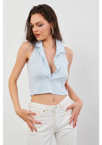 Kadın Bebe Mavi Sırtı Açık Düğmeli Bluz LPP1246-90 modelleri