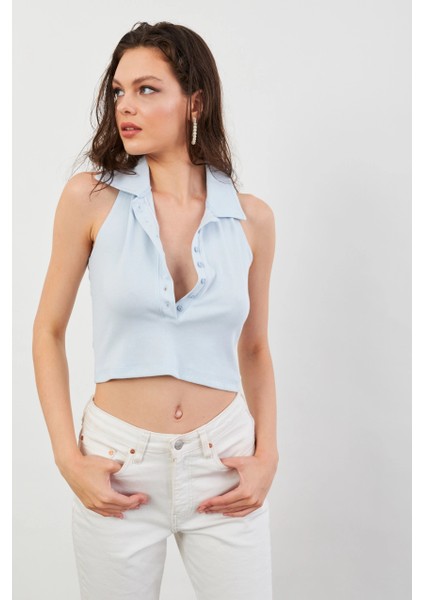 Kadın Bebe Mavi Sırtı Açık Düğmeli Bluz LPP1246-90 fırsatları