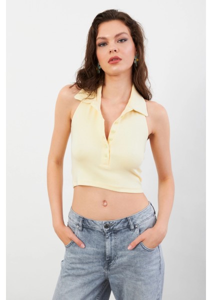 Kadın Sarı Sırtı Açık Düğmeli Bluz LPP1246-90 modelleri