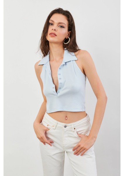 Kadın Bebe Mavi Sırtı Açık Düğmeli Bluz LPP1246-90 indirimleri