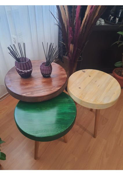 Masif Doğal Ahşap Yuvarlak Çok Renkli Üçlü Zigon Sehpa (Üçlü-Battal Boy)