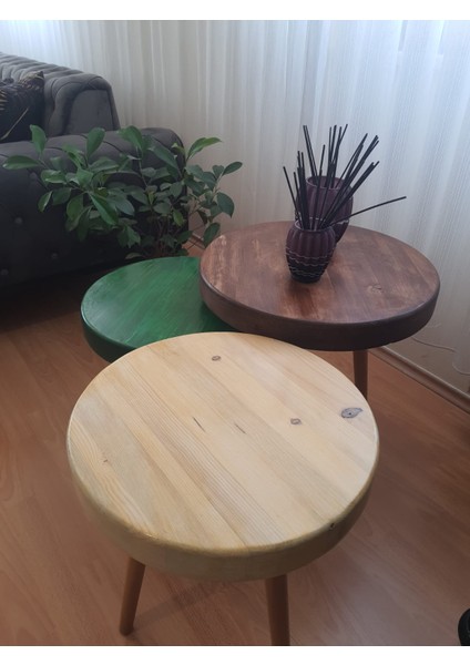 Masif Doğal Ahşap Yuvarlak Çok Renkli Üçlü Zigon Sehpa (Üçlü-Battal Boy) fiyatları