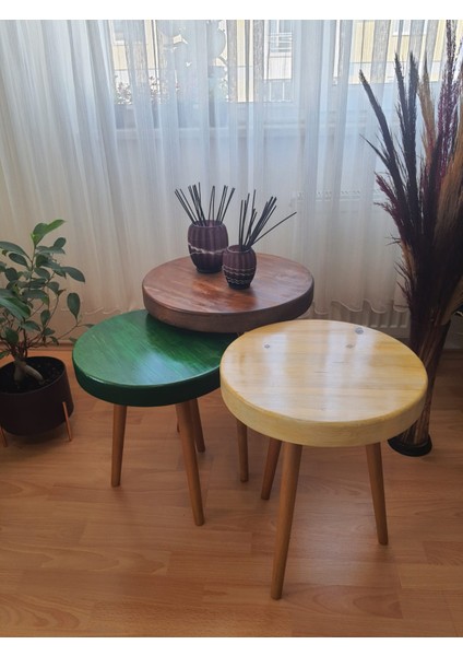 Masif Doğal Ahşap Yuvarlak Çok Renkli Üçlü Zigon Sehpa (Üçlü-Battal Boy) modelleri