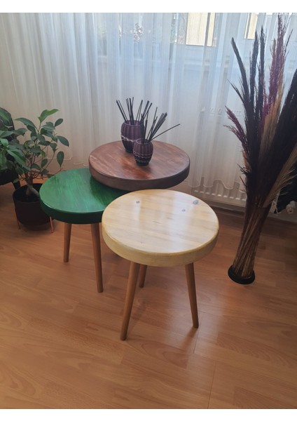 Masif Doğal Ahşap Yuvarlak Çok Renkli Üçlü Zigon Sehpa (Üçlü-Battal Boy) fırsatları