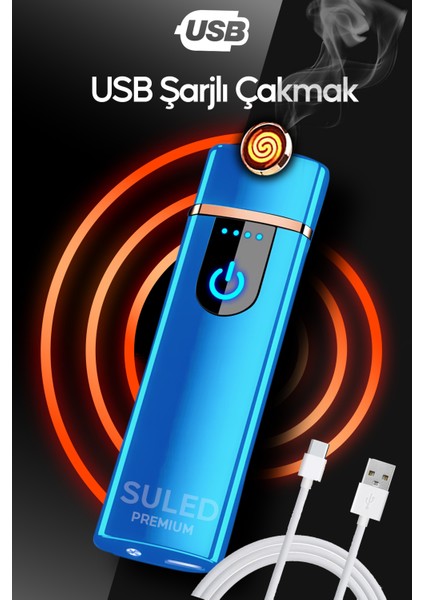 Şarjlı Çakmak USB Şarjlı Pro Serisi Mavi Kamp Çakmağı Rüzgardan Etkilenmez