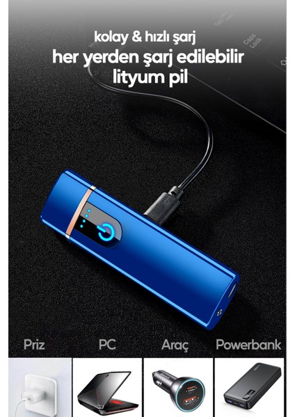 Şarjlı Çakmak USB Şarjlı Pro Serisi Mavi Kamp Çakmağı Rüzgardan Etkilenmez modelleri