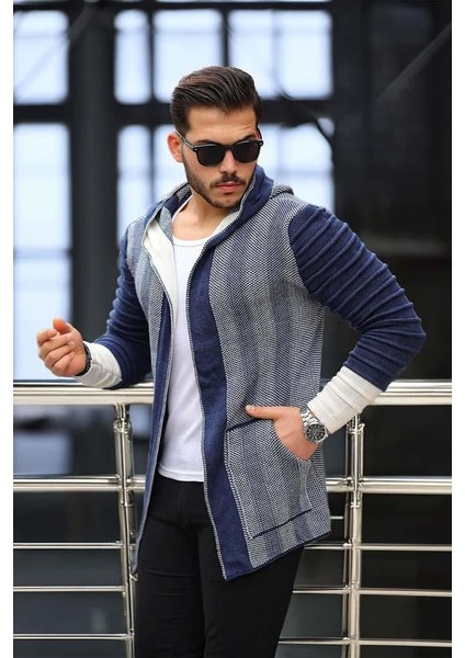 Kolları Desenli Panço Hırka - Indigo