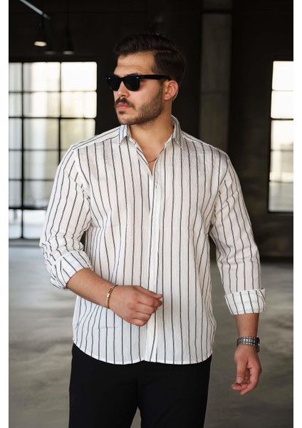 Scorsese Çizgili Relaxed Fit Erkek Gömlek - Beyaz