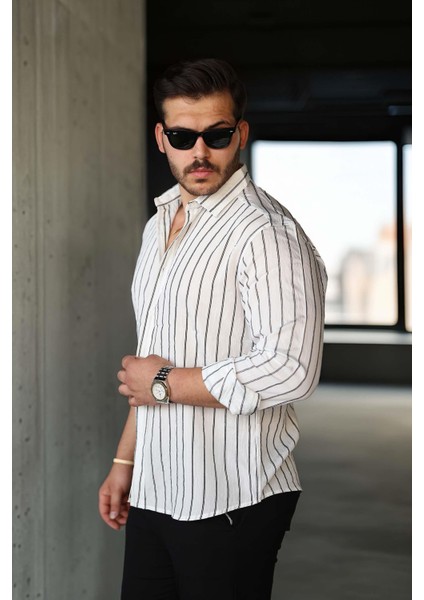 Scorsese Çizgili Relaxed Fit Erkek Gömlek - Beyaz modelleri