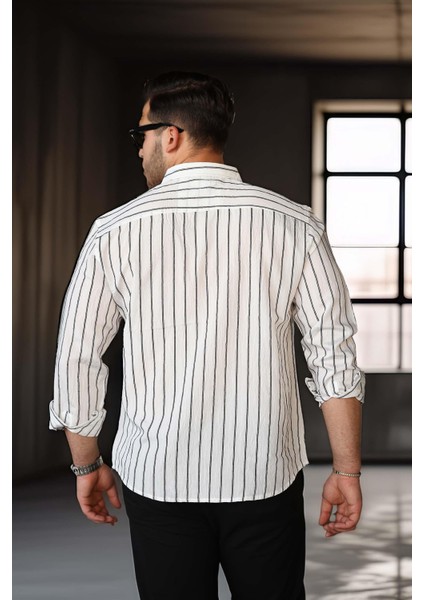Scorsese Çizgili Relaxed Fit Erkek Gömlek - Beyaz fırsatları