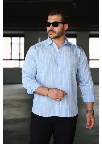 Scorsese Çizgili Relaxed Fit Erkek Gömlek - Buz Mavi