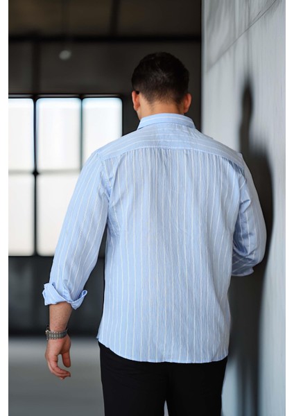 Scorsese Çizgili Relaxed Fit Erkek Gömlek - Buz Mavi fırsatları