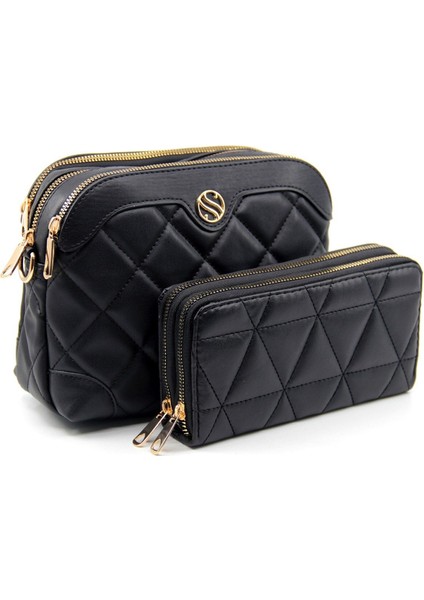 Kadın Siyah 4 Bölmeli Kapitone Deri Çapraz Askılı Omuz Çanta ve Cüzdan Takımı