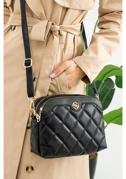 Kadın Siyah 4 Bölmeli Kapitone Deri Çapraz Askılı Omuz Çanta ve Cüzdan Takımı modelleri