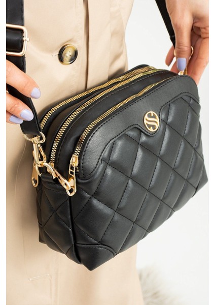 Kadın Siyah 4 Bölmeli Kapitone Deri Çapraz Askılı Omuz Çanta ve Cüzdan Takımı fırsatları