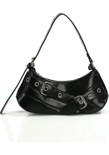 Siyah Kemer Tokası Detaylı Kapsüllü Baget Omuz Çantası