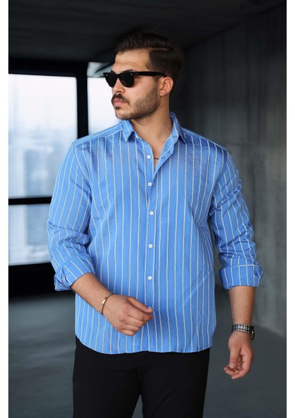 Scorsese Çizgili Relaxed Fit Erkek Gömlek - Parlement Mavi